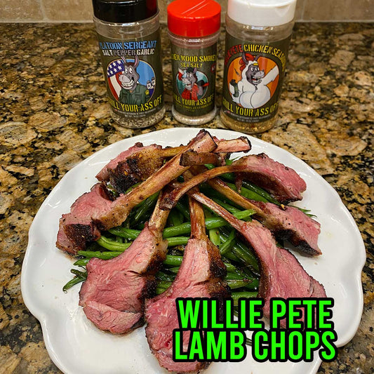 LAMP CHOPS, Willie Pete, Chicken Seasoning, AlderWood, Platoon Sergeant ,Smoked Sea Salt, Lamb Rack , Smoked