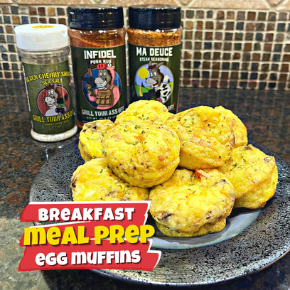 Ma Deuce, Infidel Pork Rub, Black Cherry Smoked Sea Salt, meal, meal prep, egg, muffins, breakfast, bacon, cheese, tomato, mushroom, easy, healthy, fitness, hot sauce, fire chief