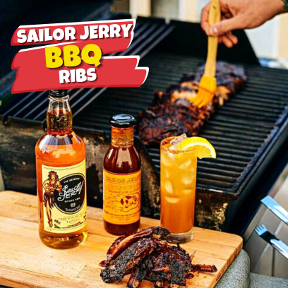 Juicy pork ribs with our Sailor Jerry Ironsides BBQ Sauce and Infidel Pork Rub