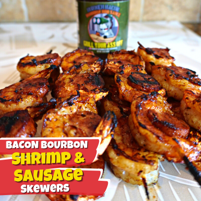 BBQ Shrimp and Sausage, Grilled Shrimp and Sausage, Bacon Bourbon BBQ Sauce, Summer BBQ Recipes, Easy Grilling Ideas, Surf and Turf, Sausage and Seafood Grill, BBQ Party Appetizers, seafood, shrimp, sausage, appetizer