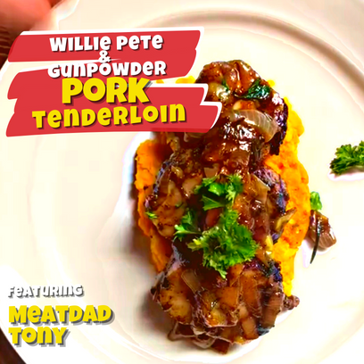 Pork tenderloin, Willie pete seasoning, gunpowder seasoning, Infidel pork seasoning, onion, pear, sweet potatoes, seared, sliced, roasted, sweet and savory, delicious