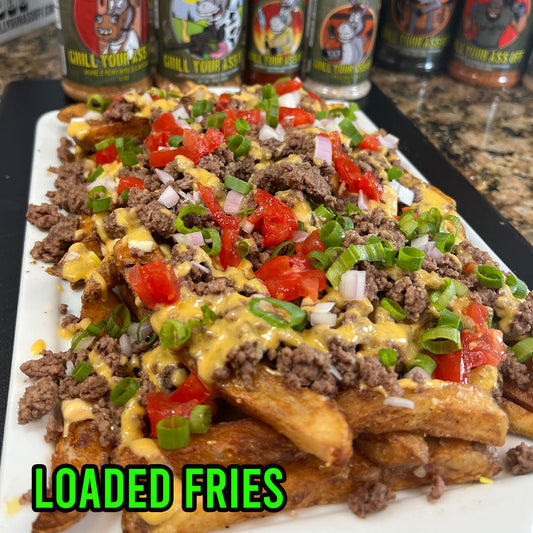 Homemade Loaded Cheese Fries with Fire Chief Hot Sauce, Ma Deuce, Platoon Sergeant Seasoning, Whiskey Smoked Sea Salt