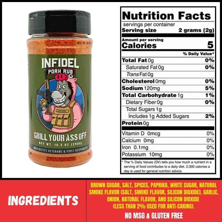 Infidel Pork Rub seasoning jar with a black lid, featuring a red label and nutrition facts on the side.