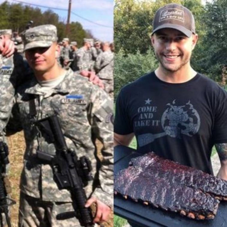 Jason, the owner of Grill Your Ass Off, holding a perfectly smoked rack of ribs, next to a photo of him in his military uniform.
