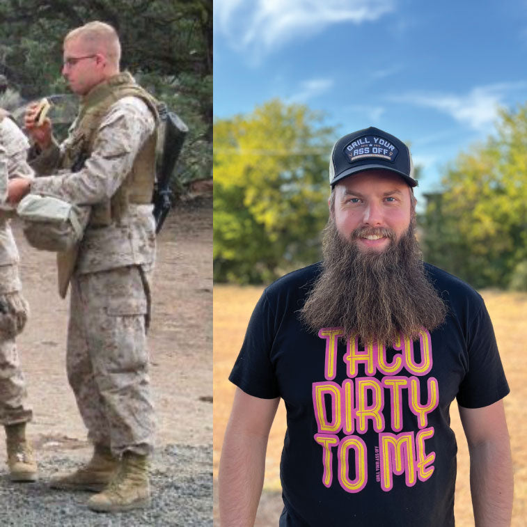 A side-by-side image of Dylan, the Warehouse Manager at Grill Your Ass Off with a background as a US Marine, featuring a photo in uniform alongside a current picture with a Grill Your Ass Off hat.