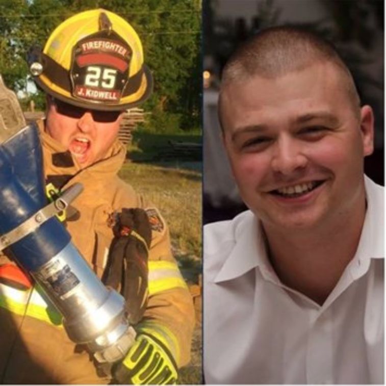 A split image of James, the Sales and Marketing employee for Grill Your Ass Off, pictured in his firefighter gear and in a more recent portrait.