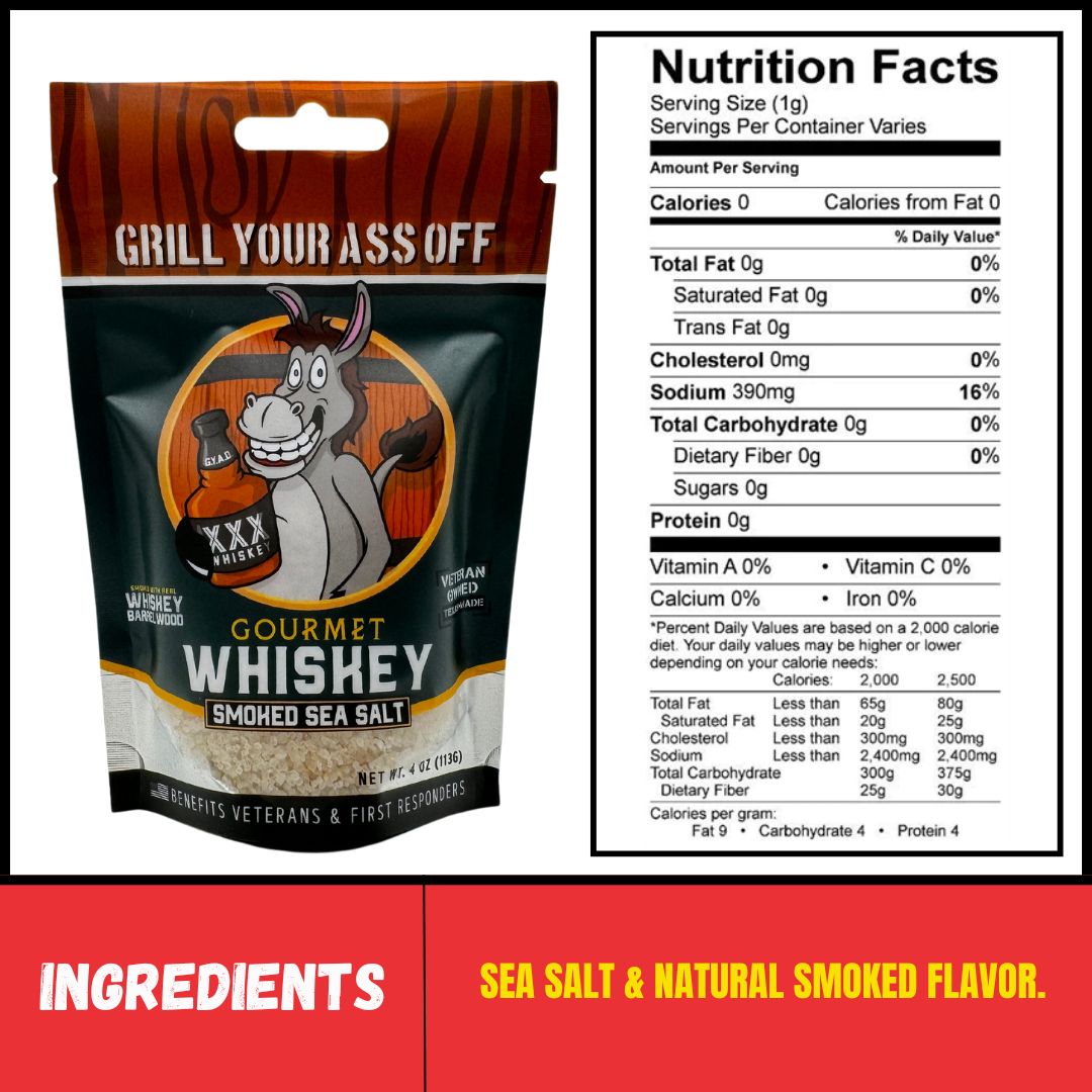Gourmet whiskey smoked sea salt packaging with nutrition facts and ingredients listed, featuring a cartoon goat.