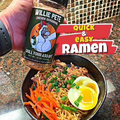 Chicken ramen, Garlic, Ginger, soy sauce, Infidel Pork Rub, Chinese rice wine, Fire Chief hot sauce, Willie Pete, Instant chicken noodles, Spring onions, Soft-boiled eggs, Carrots, Savory, Spicy, Quick and easy recipe, Chicken breasts, Noodles