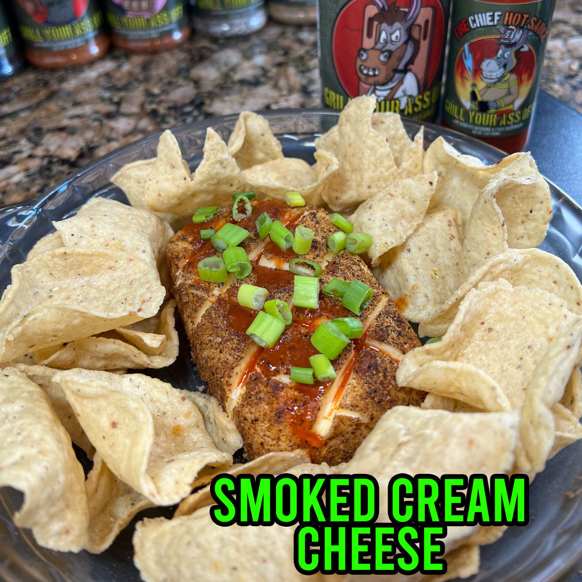 Smoked cream cheese seasoned with Cannibal All Purpose Spice and Fire Chief Hot Sauce, Tortilla Chips