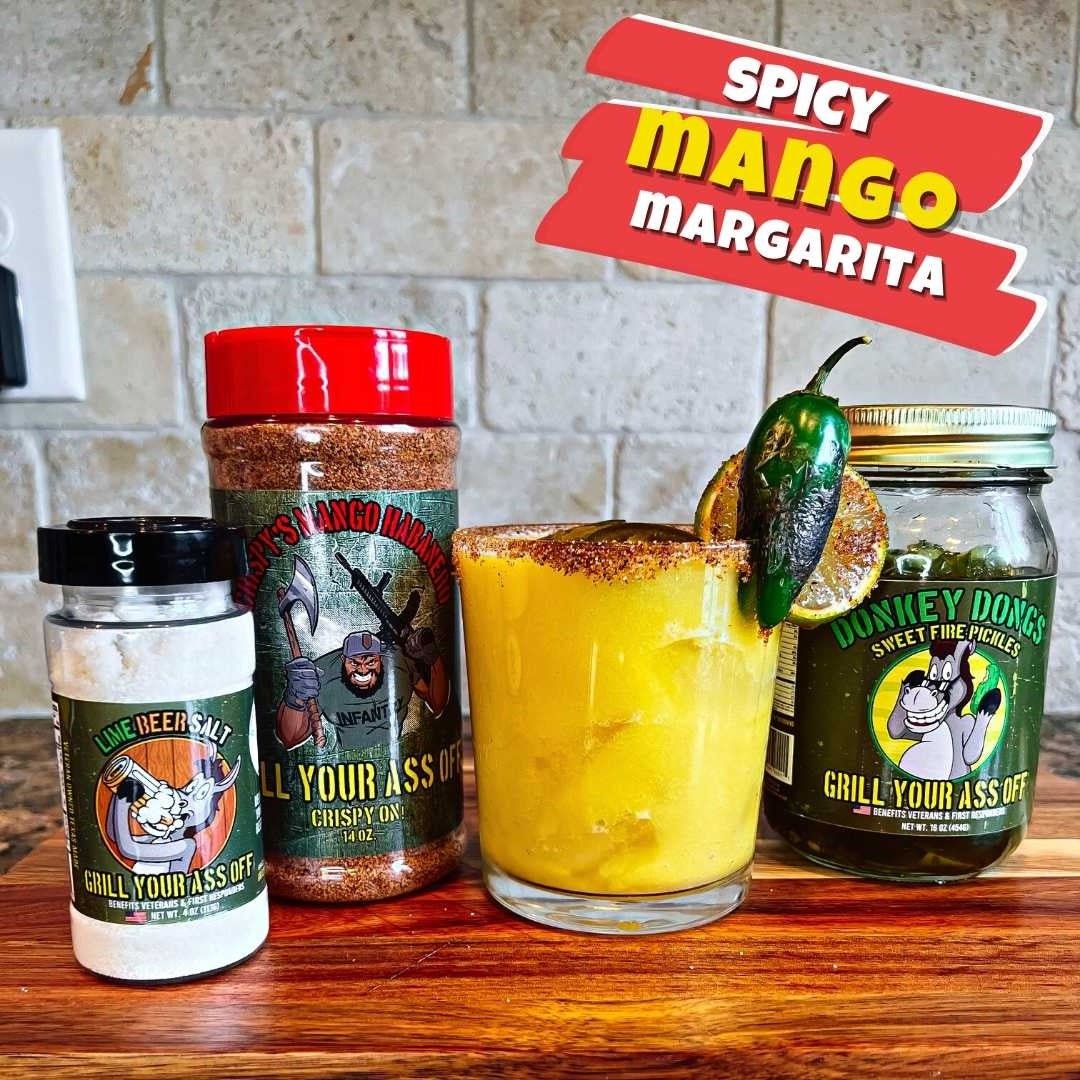 Spicy Mango Margarita made with Lime Beer Salt and Cripsy’s Mango Habanero, Mango Chunks,Tequila, Jalapeno, Lime Juice