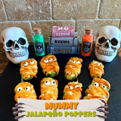 Mummy Jalapeño Poppers, Halloween, Appetizer, Party Food, Treats, Cheesy Popper, Halloween Recipe, Mummy