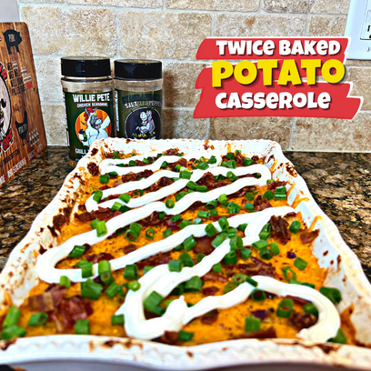 Baked Potato Casserole, Potato Dish, Loaded Baked Potato, Potato Casserole, Bacon, Cheese, Twice Baked, Twice Baked Potato, Holiday Recipe, Christmas, Cheesy Recipe, Whiskey Smoked Sea Salt, Willie Pete Chicken, Standard Issue Salt Pepper Garlic, Duck Fat