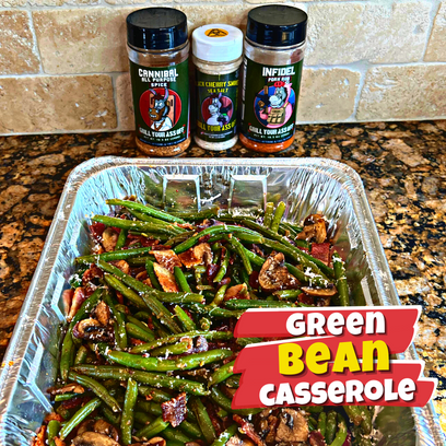 Holiday, Christmas, New Year Recipe, Green Bean Casserole, Casserole, Bacon, Mushrooms, Side dish, Sauteed Green Beans, Stove top green beans, pork rub, smoked salt, cannibal all purpose spice