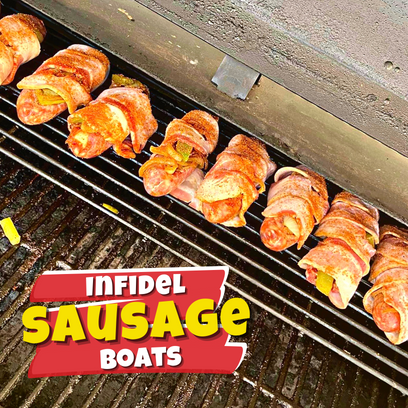 Bacon, Sausage, String Cheese, Infidel Pork Rub, Sausage Boats, Pork Rub, Bacon Sausage Popper boats, Jalapenos, Appetizer, Snack, Party food, Smoker, Easy recipe, Crowd-pleaser