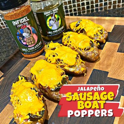 Jalapeno, Sausage, Boat-shaped, Cream cheese, Cheddar cheese, Bacon, Garlic, Paprika, Cumin, Bread crumbs, Appetizer, Snack, Spicy, Cheese, Easy, Quick, Oven-baked, Party, Game day, Finger food