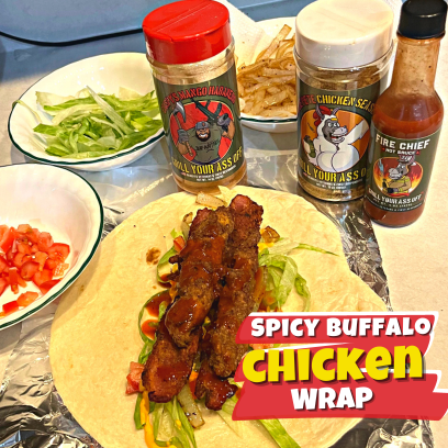 chicken wrap, spicy buffalo chicken wrap, buffalo chicken,chicken seasoning, mango habanero, hot sauce, bacon, chicken, mexican food