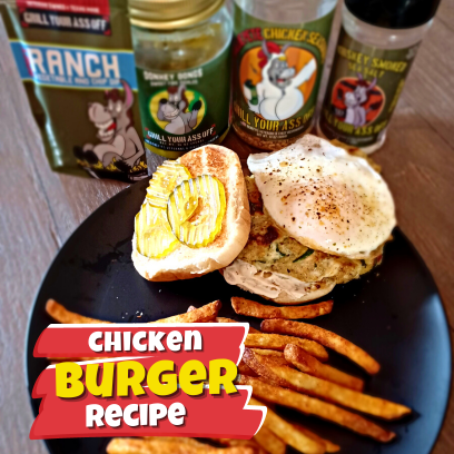 Chicken burger recipe,  Homemade burger,  Spicy ranch, dill pickles,  Sunny-side-up egg,  Delicious burger recipe, smoked sea salt, feta cheese, savory burger