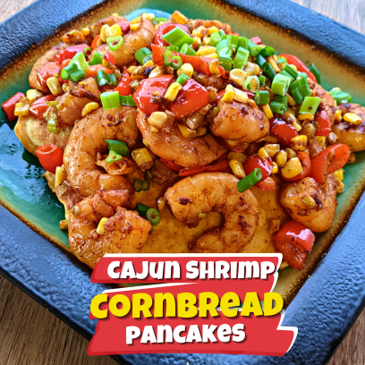 Cajun Shrimp Cornbread Pancake, Southern-inspired, Comfort food, Cajun pancake, Shrimp cornbread, Cajun pancake, Cajun Shrimps, Brunch, Cajun, Cornbread, Pancakes, Breakfast