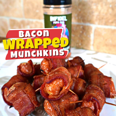 Bacon-Wrapped Munchkins, Appetizer Recipe, Infidel Pork Rub, Bacon, Munchies, Party Appetizers, Game Day, Tasty Bites, Pork Rub, Brunch, Party Food, Finger Food, Easy Recipe, Doughnut Holes, Bacon-Wrapped Snacks, Bacon-Wrapped, Bacon Munchkins