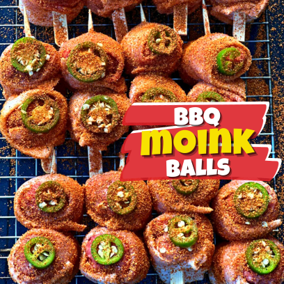 Moink Balls recipe, Bacon-wrapped meatballs, Cheese-stuffed appetizers, BBQ smoker recipes, jalapeño meatballs, Jalapeño popper meatballs, BBQ party appetizers, Grilled Moink Balls, bacon snacks, Cheese meatball, Easy bacon cheeseballs