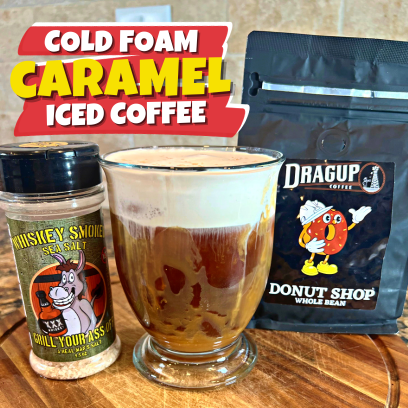 Salted cold foam caramel iced coffee with Whiskey Smoked Sea Salt