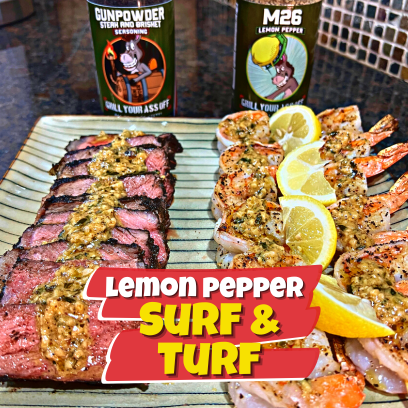 Lemon Pepper Surf and Turf recipe, Easy surf and turf dinner Grilled NY Strip Steaks, shrimp skewers, Cowboy Butter, Gourmet surf and turf, Summer grilling, Spring inspired recipe, Delicious BBQ surf and turf, Homemade surf and turf delight
