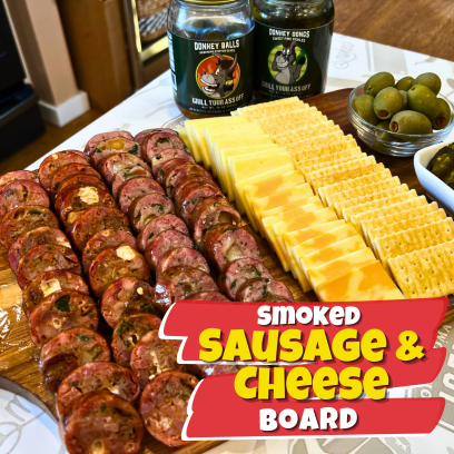 Cheese Platter and Summer Sausage, Sausage, Grilled Sausage Charcuterie Board, Sausage and Cheese Plate, Easy Holiday Charcuterie Board, Cheese & Charcuterie Board,  Memphis-Style Cheese & Sausage Plate