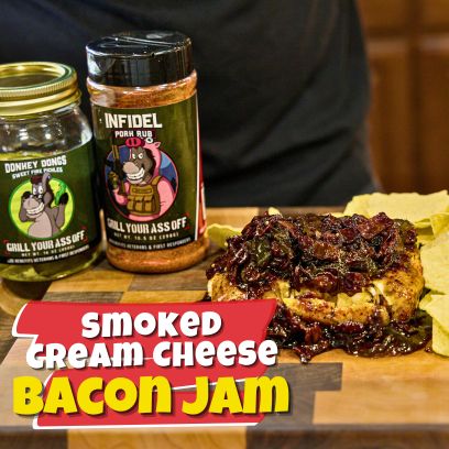BBQ smoked cream cheese with bacon jam, Smoked cream cheese, Bacon jam recipe, Sweet and spicy bacon jam, Game day appetizers, Football party food, How to make bacon jam