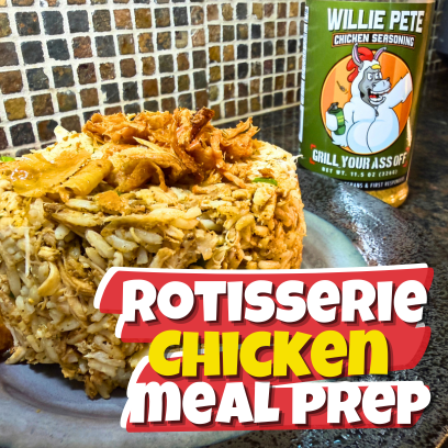 rotisserie chicken rice bowl with crispy chicken skin,
viral chicken and rice recipe with green onions,
easy chicken rice meal prep bowl,
crispy chicken skin topping on rice bowl