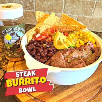 Steak Burrito Bowl with Ma Deuce Grill Seasonings, Nachos, Rice, Corn, Beans, Salsa, Avocado