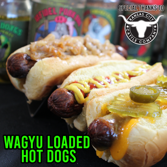 Hotdogs  seasoned with Infidel Pork Rub, topped with Donkey Dongs