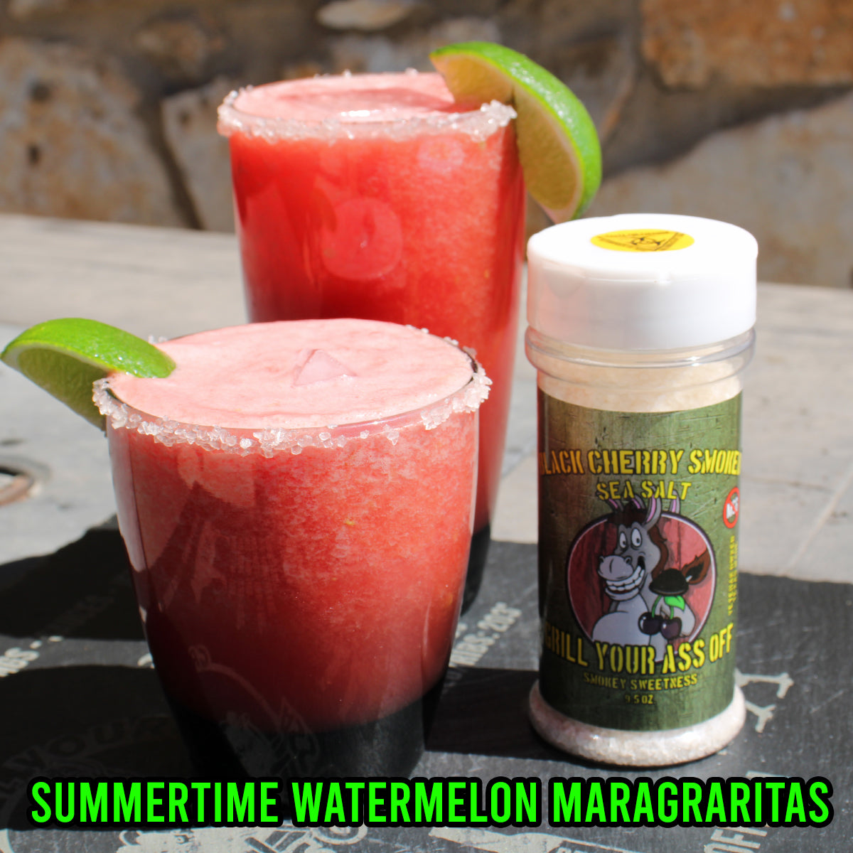 Watermelon Margaritas topped with Black Cherry Smoked Sea Salt